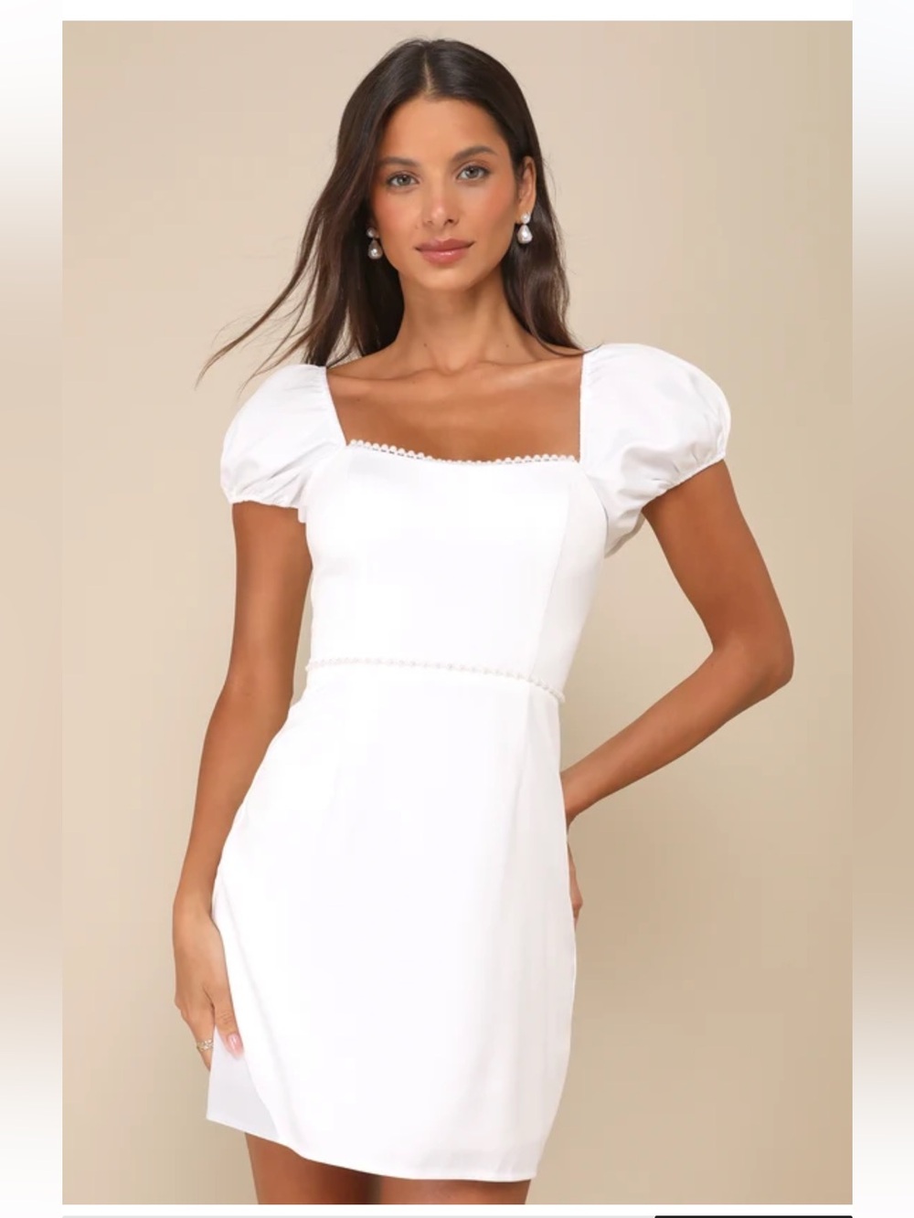 NWT Lulus Adorable Poise White Pearl Puff Sleeve Mini Dress